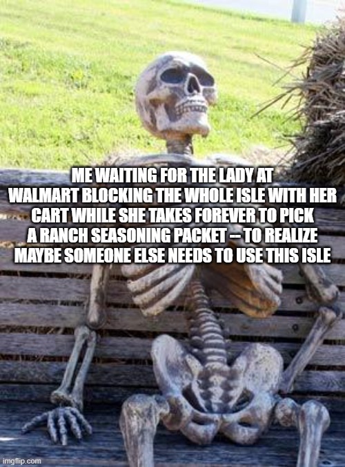 Walmart amiright! |  ME WAITING FOR THE LADY AT WALMART BLOCKING THE WHOLE ISLE WITH HER CART WHILE SHE TAKES FOREVER TO PICK A RANCH SEASONING PACKET -- TO REALIZE MAYBE SOMEONE ELSE NEEDS TO USE THIS ISLE | image tagged in memes,waiting skeleton,walmart,waiting,rude,blocked | made w/ Imgflip meme maker