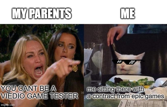 my parents and i having a argument at 3 am | MY PARENTS; ME; YOU CANT BE A VIEDIO GAME TESTER; me sitting there with a contract from epic games | image tagged in memes,woman yelling at cat | made w/ Imgflip meme maker