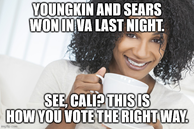 Now hoping that NJ is voting in a similar way... | YOUNGKIN AND SEARS WON IN VA LAST NIGHT. SEE, CALI? THIS IS HOW YOU VOTE THE RIGHT WAY. | image tagged in black woman drinking tea | made w/ Imgflip meme maker