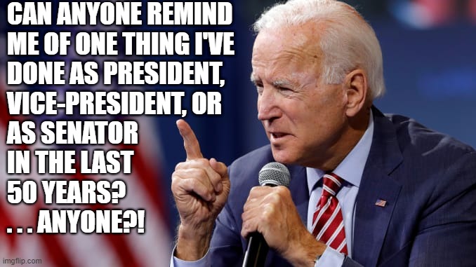 Joe Biden points finger |  CAN ANYONE REMIND 
ME OF ONE THING I'VE 
DONE AS PRESIDENT,
VICE-PRESIDENT, OR
AS SENATOR
IN THE LAST
50 YEARS?
. . . ANYONE?! | image tagged in political meme,joe biden,democratic party,president,vice president,senator | made w/ Imgflip meme maker