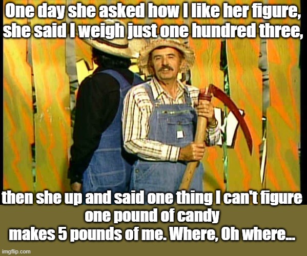 Hee Haw meme | One day she asked how I like her figure,
she said I weigh just one hundred three, then she up and said one thing I can't figure
one pound of candy makes 5 pounds of me. Where, Oh where... | image tagged in funny meme | made w/ Imgflip meme maker