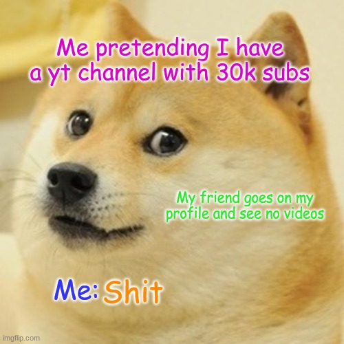Bragging about social media... | Me pretending I have a yt channel with 30k subs; My friend goes on my profile and see no videos; Me:; Shit | image tagged in memes,doge | made w/ Imgflip meme maker