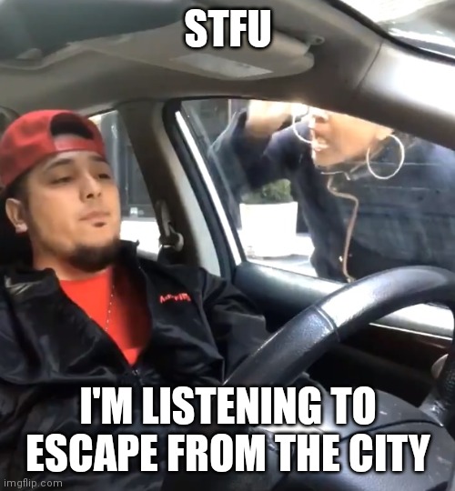You gotta admit, it's a great song |  STFU; I'M LISTENING TO ESCAPE FROM THE CITY | image tagged in stfu im listening to | made w/ Imgflip meme maker