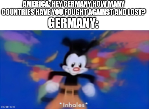 Germany | AMERICA: HEY GERMANY HOW MANY COUNTRIES HAVE YOU FOUGHT AGAINST AND LOST? GERMANY: | image tagged in yakko inhale | made w/ Imgflip meme maker