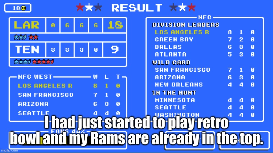 GO RAMS | I had just started to play retro bowl and my Rams are already in the top. | image tagged in football,retrobowl | made w/ Imgflip meme maker
