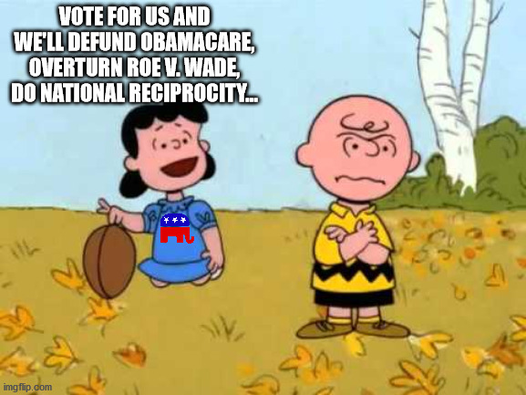 Republicans | VOTE FOR US AND WE'LL DEFUND OBAMACARE, OVERTURN ROE V. WADE, DO NATIONAL RECIPROCITY... | image tagged in lucy football and charlie brown | made w/ Imgflip meme maker