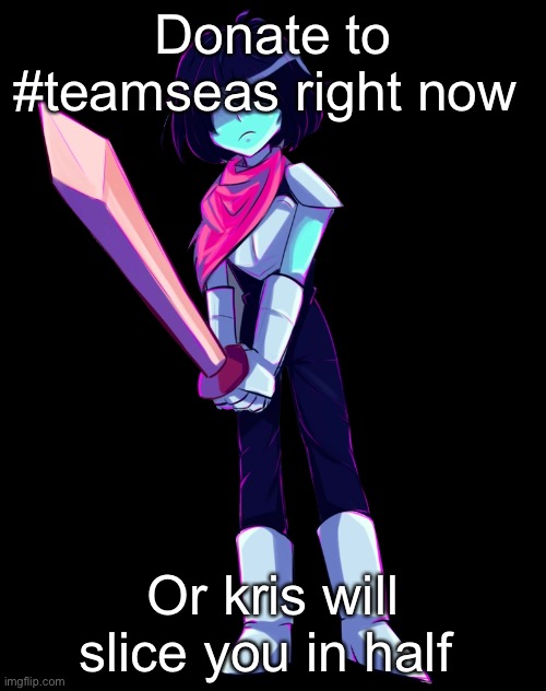 Do it right now | Donate to #teamseas right now; Or kris will slice you in half | image tagged in memes,team seas,kris,deltarune | made w/ Imgflip meme maker