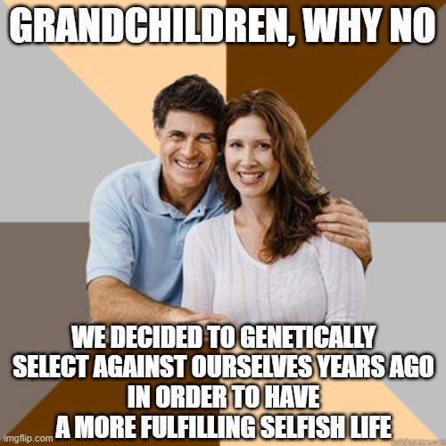 Scumbag Parents | GRANDCHILDREN, WHY NO WE DECIDED TO GENETICALLY SELECT AGAINST OURSELVES YEARS AGO
IN ORDER TO HAVE A MORE FULFILLING SELFISH LIFE | image tagged in scumbag parents | made w/ Imgflip meme maker