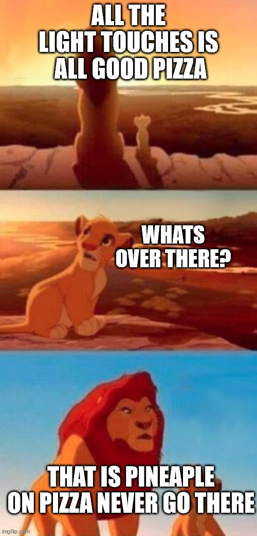simba |  ALL THE LIGHT TOUCHES IS  ALL GOOD PIZZA; WHATS OVER THERE? THAT IS PINEAPLE ON PIZZA NEVER GO THERE | image tagged in simba | made w/ Imgflip meme maker