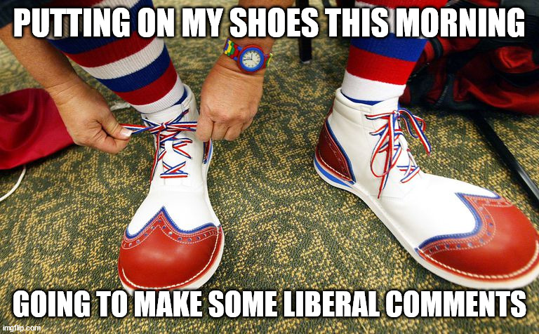 clown shoes | PUTTING ON MY SHOES THIS MORNING; GOING TO MAKE SOME LIBERAL COMMENTS | image tagged in clown shoes | made w/ Imgflip meme maker