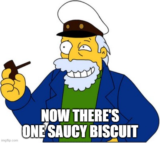 Simpsons sea captain | NOW THERE'S ONE SAUCY BISCUIT | image tagged in simpsons sea captain | made w/ Imgflip meme maker