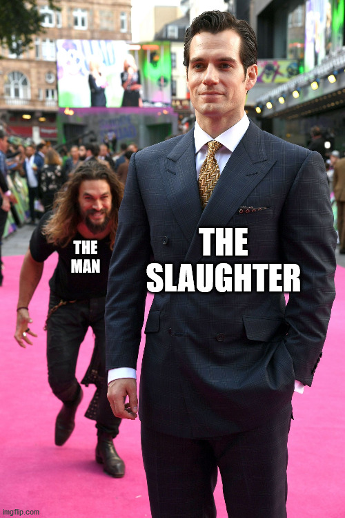 Only FNaF fans will understand this. | THE SLAUGHTER; THE MAN | image tagged in man sneaking behind,the man behind the slaughter,fnaf,five nights at freddys,purple guy | made w/ Imgflip meme maker