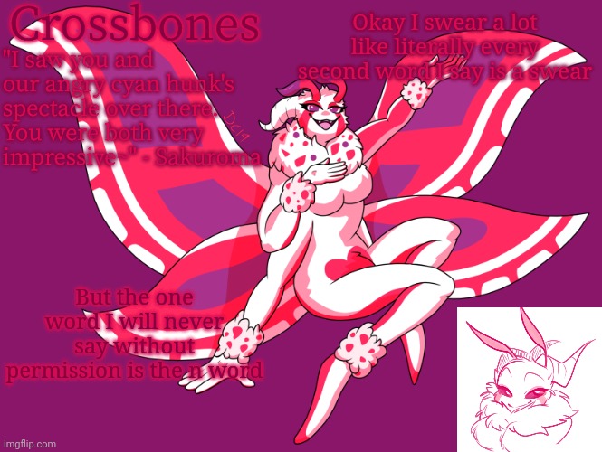 If I want to say the n-word I just asked my black friend for a pass | Okay I swear a lot like literally every second word I say is a swear; But the one word I will never say without permission is the n word | image tagged in crossbones horny-ass moth temp | made w/ Imgflip meme maker