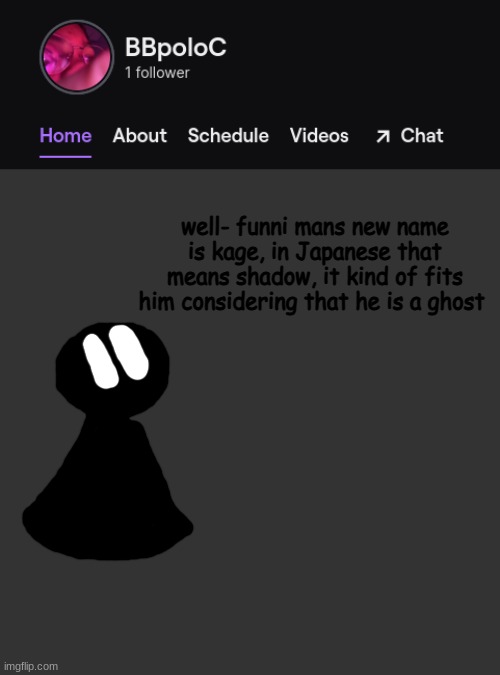 the | well- funni mans new name is kage, in Japanese that means shadow, it kind of fits him considering that he is a ghost | image tagged in twitch template | made w/ Imgflip meme maker