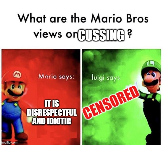 Mario Bros Views | CUSSING; IT IS DISRESPECTFUL AND IDIOTIC; CENSORED | image tagged in mario bros views | made w/ Imgflip meme maker