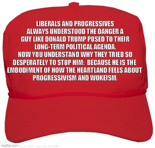 Maga hat | LIBERALS AND PROGRESSIVES ALWAYS UNDERSTOOD THE DANGER A GUY LIKE DONALD TRUMP POSED TO THEIR LONG-TERM POLITICAL AGENDA.
NOW YOU UNDERSTAND WHY THEY TRIED SO DESPERATELY TO STOP HIM:  BECAUSE HE IS THE 
EMBODIMENT OF HOW THE HEARTLAND FEELS ABOUT 
PROGRESSIVISM AND WOKEISM. | image tagged in blank red maga hat,progressives,maga,woke | made w/ Imgflip meme maker
