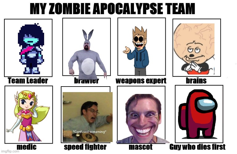 Perfect | image tagged in my zombie apocalypse team,memes,zelda,deltarune,among us,sr pelo | made w/ Imgflip meme maker