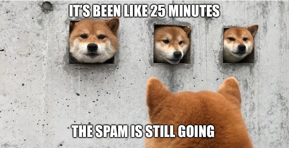 The doge council | IT’S BEEN LIKE 25 MINUTES; THE SPAM IS STILL GOING | image tagged in the doge council | made w/ Imgflip meme maker