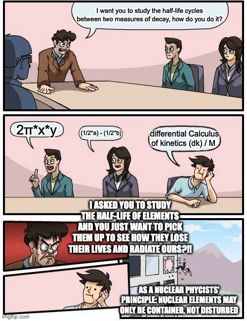 Nuclear Physics | I want you to study the half-life cycles between two measures of decay, how do you do it? 2π*x*y; (1/2*a) - (1/2*b); differential Calculus of kinetics (dk) / M; I ASKED YOU TO STUDY THE HALF-LIFE OF ELEMENTS AND YOU JUST WANT TO PICK THEM UP TO SEE HOW THEY LOSE THEIR LIVES AND RADIATE OURS?!! AS A NUCLEAR PHYCISTS' PRINCIPLE: NUCLEAR ELEMENTS MAY ONLY BE CONTAINED, NOT DISTURBED | image tagged in memes,boardroom meeting suggestion | made w/ Imgflip meme maker