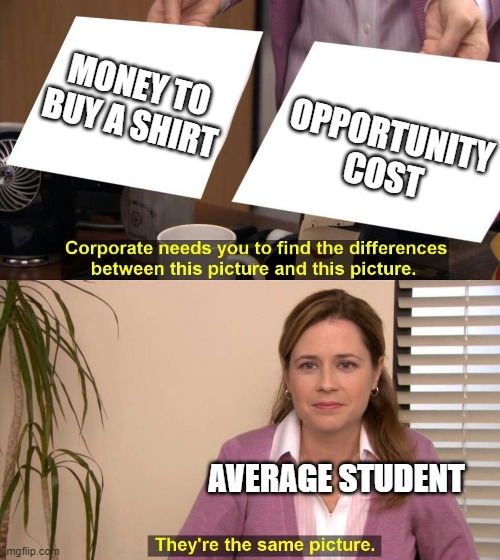 Opportunity cost meme | MONEY TO BUY A SHIRT; OPPORTUNITY COST; AVERAGE STUDENT | image tagged in they are the same picture,economics | made w/ Imgflip meme maker