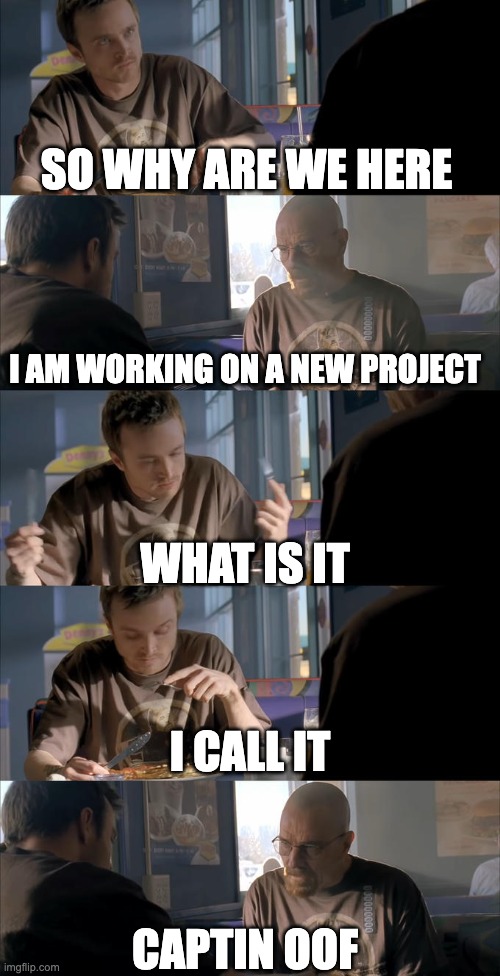 Jesse WTF are you talking about? | SO WHY ARE WE HERE; I AM WORKING ON A NEW PROJECT; WHAT IS IT; I CALL IT; CAPTIN OOF | image tagged in jesse wtf are you talking about | made w/ Imgflip meme maker