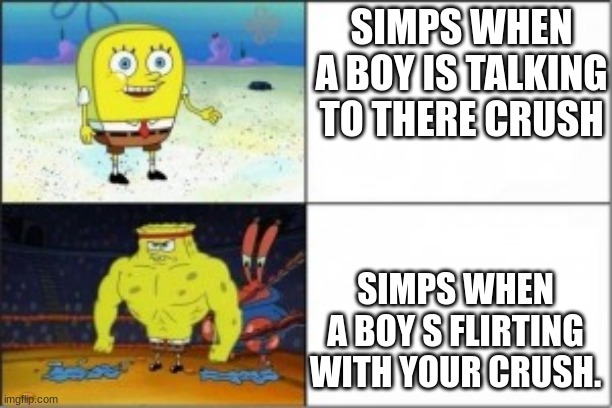 Simps | SIMPS WHEN A BOY IS TALKING TO THERE CRUSH; SIMPS WHEN A BOY S FLIRTING WITH YOUR CRUSH. | image tagged in funny memes | made w/ Imgflip meme maker