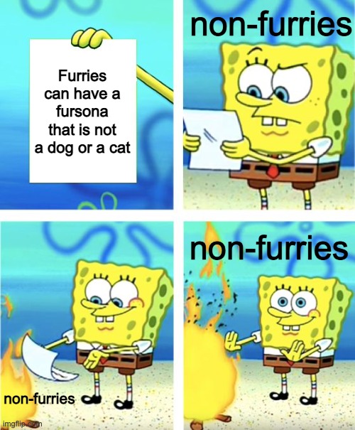 :) | non-furries; Furries can have a fursona that is not a dog or a cat; non-furries; non-furries | image tagged in spongebob burning paper | made w/ Imgflip meme maker