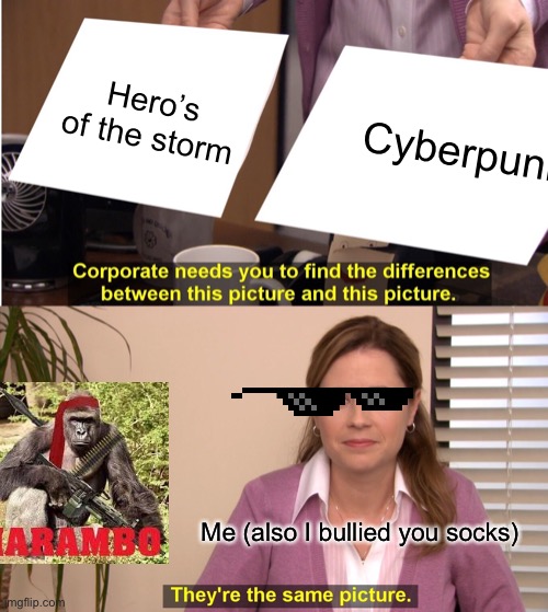 They're The Same Picture Meme | Hero’s of the storm; Cyberpunk; Me (also I bullied you socks) | image tagged in memes,they're the same picture | made w/ Imgflip meme maker