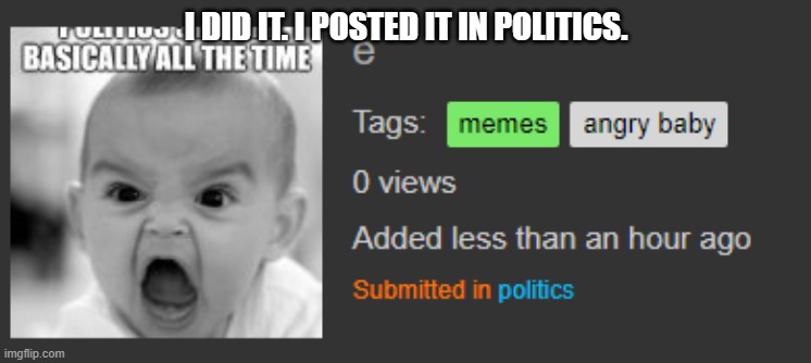 e | I DID IT. I POSTED IT IN POLITICS. | image tagged in memes | made w/ Imgflip meme maker