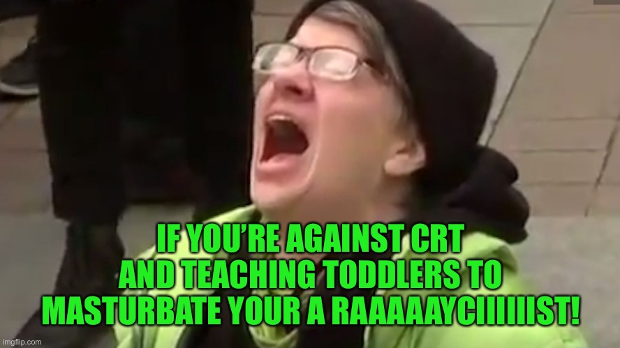 Screaming Liberal  | IF YOU’RE AGAINST CRT AND TEACHING TODDLERS TO MASTURBATE YOUR A RAAAAAYCIIIIIIST! | image tagged in screaming liberal | made w/ Imgflip meme maker