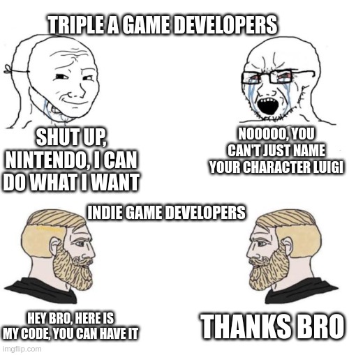 Chad we know | TRIPLE A GAME DEVELOPERS; SHUT UP, NINTENDO, I CAN DO WHAT I WANT; NOOOOO, YOU CAN'T JUST NAME YOUR CHARACTER LUIGI; INDIE GAME DEVELOPERS; THANKS BRO; HEY BRO, HERE IS MY CODE, YOU CAN HAVE IT | image tagged in chad we know | made w/ Imgflip meme maker