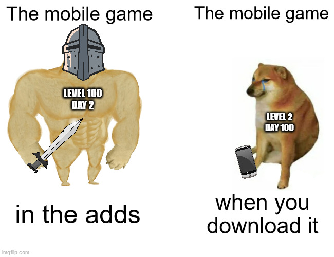 Mobile game studios need to step up their game | The mobile game; The mobile game; LEVEL 100
DAY 2; LEVEL 2
DAY 100; in the adds; when you download it | image tagged in memes,buff doge vs cheems,mobile game,doge,funny | made w/ Imgflip meme maker