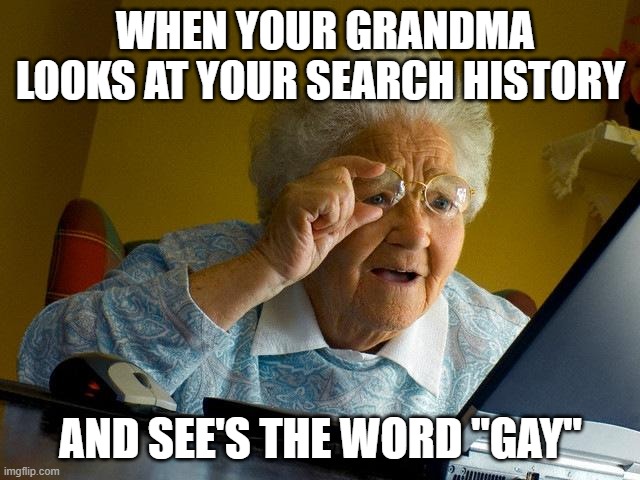Grandma Finds The Internet Meme | WHEN YOUR GRANDMA LOOKS AT YOUR SEARCH HISTORY; AND SEE'S THE WORD "GAY" | image tagged in memes,grandma finds the internet | made w/ Imgflip meme maker