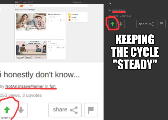 I- DONT KNOW WHAT TO SAY | KEEPING THE CYCLE "STEADY" | image tagged in imgflip,just-,keep_the_cycle,almost unexplainable | made w/ Imgflip meme maker