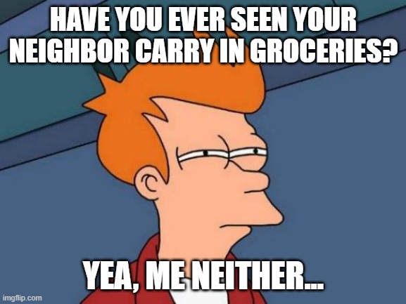 Futurama Fry | HAVE YOU EVER SEEN YOUR NEIGHBOR CARRY IN GROCERIES? YEA, ME NEITHER... | image tagged in memes,futurama fry | made w/ Imgflip meme maker