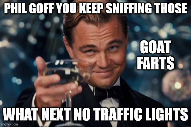 Phil Goff | PHIL GOFF YOU KEEP SNIFFING THOSE; GOAT FARTS; WHAT NEXT NO TRAFFIC LIGHTS | image tagged in leonardo dicaprio cheers,idiot,fart,twat,malignant narcissism | made w/ Imgflip meme maker