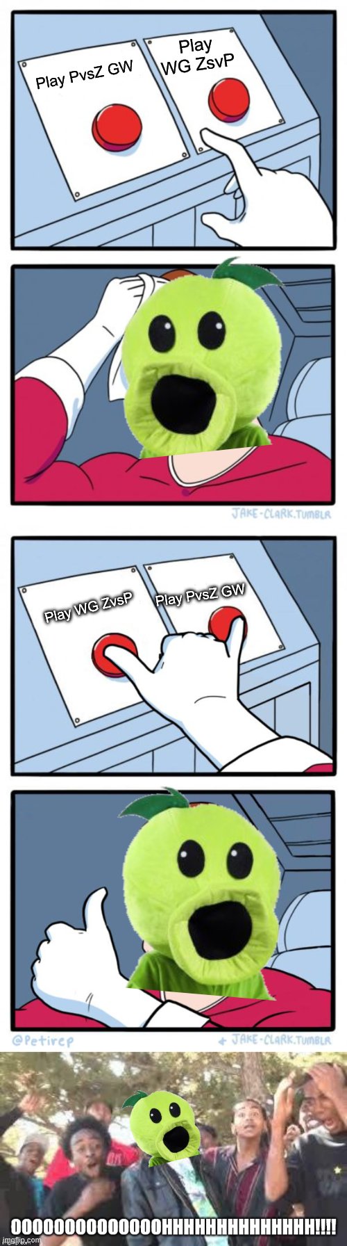 Play WG ZsvP; Play PvsZ GW; Play PvsZ GW; Play WG ZvsP | image tagged in memes,two buttons,both buttons pressed,ooooooohhhhh | made w/ Imgflip meme maker