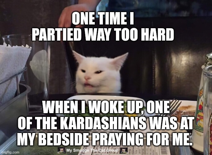 ONE TIME I PARTIED WAY TOO HARD; WHEN I WOKE UP, ONE OF THE KARDASHIANS WAS AT MY BEDSIDE PRAYING FOR ME. | image tagged in smudge the cat | made w/ Imgflip meme maker