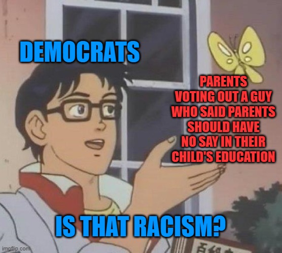 Will Dems ever learn, or will they always dismiss lessons as racism? | DEMOCRATS; PARENTS VOTING OUT A GUY WHO SAID PARENTS SHOULD HAVE NO SAY IN THEIR CHILD'S EDUCATION; IS THAT RACISM? | image tagged in virginia,election,youngkin | made w/ Imgflip meme maker