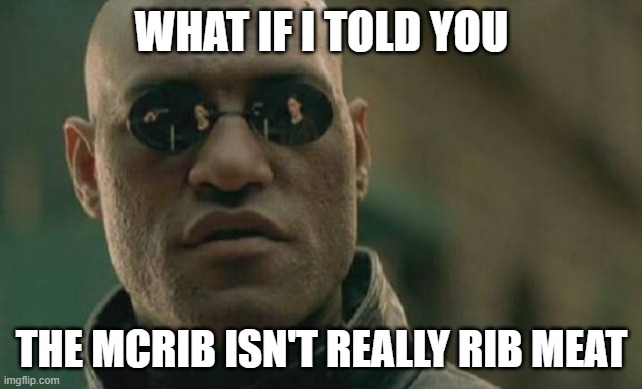 Matrix Morpheus | WHAT IF I TOLD YOU; THE MCRIB ISN'T REALLY RIB MEAT | image tagged in memes,matrix morpheus | made w/ Imgflip meme maker