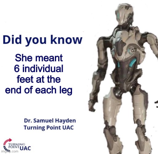 Fun Facts With Samuel Hayden | She meant 6 individual feet at the end of each leg | image tagged in fun facts with samuel hayden | made w/ Imgflip meme maker