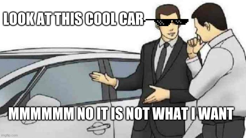 Car Salesman Slaps Roof Of Car Meme | LOOK AT THIS COOL CAR; MMMMMM NO IT IS NOT WHAT I WANT | image tagged in memes,car salesman slaps roof of car | made w/ Imgflip meme maker