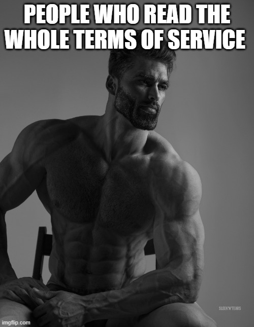 Giga Chad | PEOPLE WHO READ THE WHOLE TERMS OF SERVICE | image tagged in giga chad,memes,funny,gifs,not really a gif,oh wow are you actually reading these tags | made w/ Imgflip meme maker