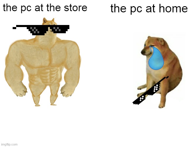 dats better | the pc at the store; the pc at home | image tagged in memes,buff doge vs cheems | made w/ Imgflip meme maker