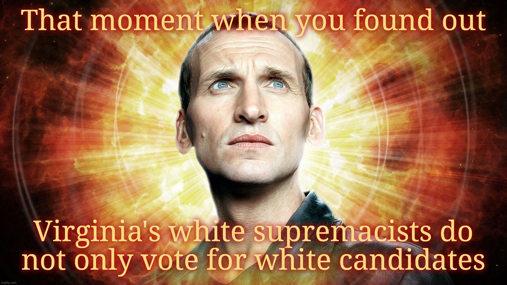 Dr Who  Chris Eccleston | That moment when you found out Virginia's white supremacists do
not only vote for white candidates | image tagged in dr who chris eccleston | made w/ Imgflip meme maker