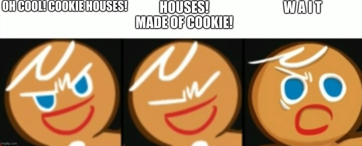 Gingerbrave surprised | OH COOL! COOKIE HOUSES! HOUSES! MADE OF COOKIE! W A I T | image tagged in gingerbrave surprised | made w/ Imgflip meme maker
