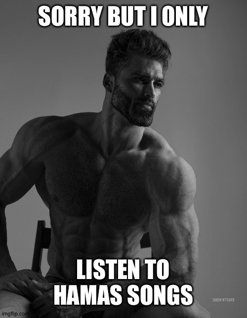 Giga Chad | SORRY BUT I ONLY LISTEN TO HAMAS SONGS | image tagged in giga chad | made w/ Imgflip meme maker