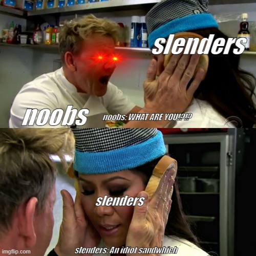 idk how to play mineraft but i like it :D | slenders; noobs; noobs: WHAT ARE YOU!?!? slenders; slenders: An idiot sandwhich | image tagged in gordon ramsay idiot sandwich | made w/ Imgflip meme maker