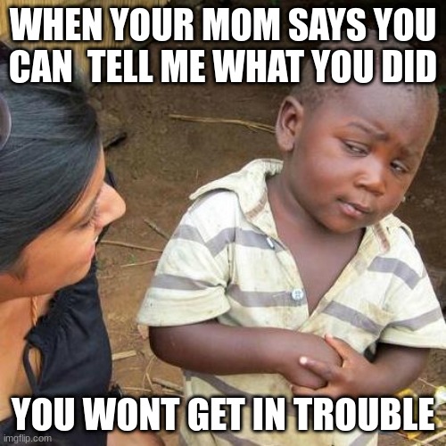 They also be lying | WHEN YOUR MOM SAYS YOU CAN  TELL ME WHAT YOU DID; YOU WONT GET IN TROUBLE | image tagged in memes,third world skeptical kid | made w/ Imgflip meme maker