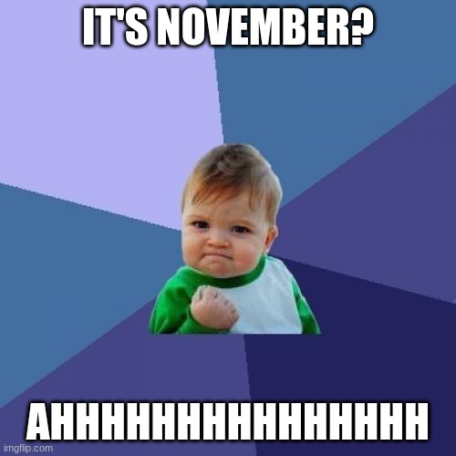 IT ONLY NOVEMBER | IT'S NOVEMBER? AHHHHHHHHHHHHHHH | image tagged in memes,success kid | made w/ Imgflip meme maker